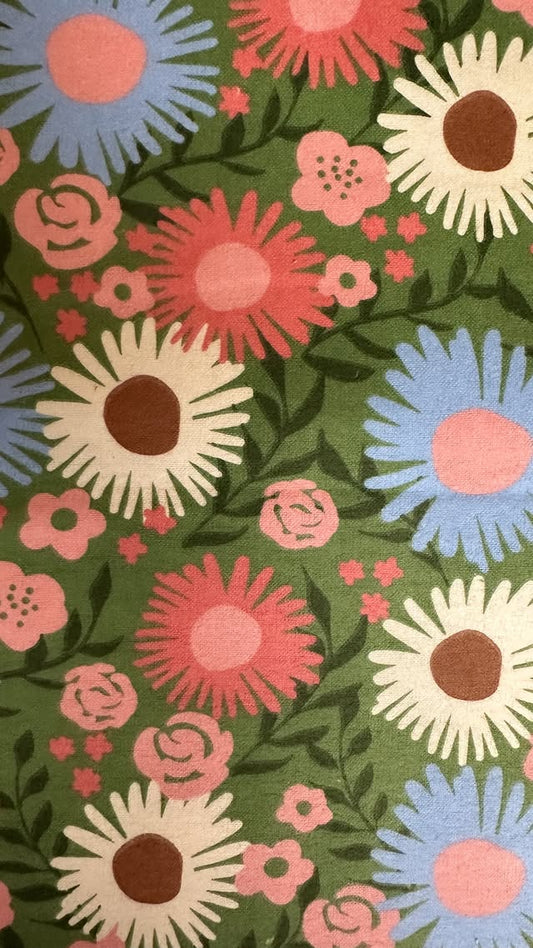 Green With White, Blue, And Pink Flowers
