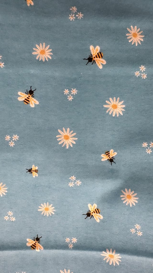 Light Blue With White Daisies And Bees
